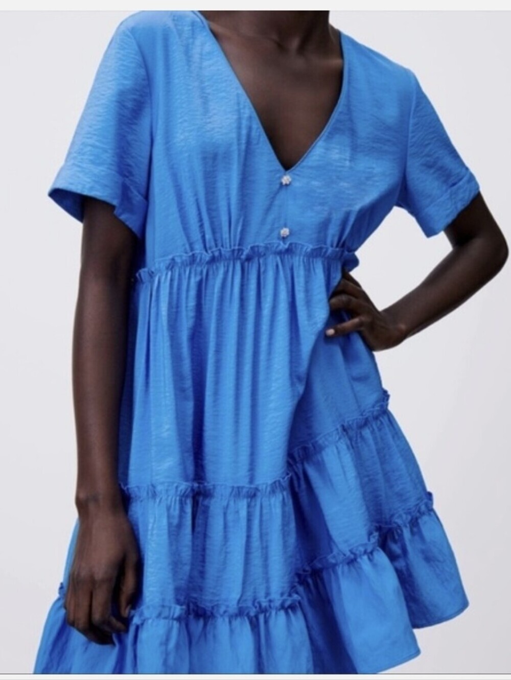 Zara Blue Tiered V Neck Dress - Picture 5 of 10